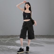 批发美式复古大口袋迷彩工装短裤<b class='q'>女</b>2026新款高街设计感阔腿七分裤