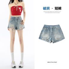 批发浅蓝色毛边<b class='q'>高腰</b><b class='q'>牛仔</b><b class='q'>短裤</b>女夏季新品2026辣妹显瘦阔腿流苏a字热裤
