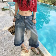 批发夏季新款美式复古水洗做旧质感<b class='q'>高腰</b>宽松阔腿七分<b class='q'>牛仔</b><b class='q'>短裤</b>女