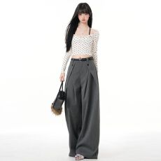 批发灰色老钱风条纹阔腿<b class='q'>西装</b>裤女春夏季设计感压折宽松垂感休闲裤