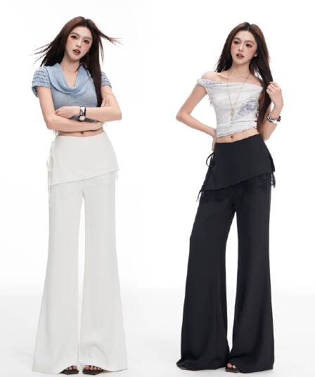화이트 페이크 레이어드 레이스 조각 방귀 커튼 부츠컷 정장 바지 여성 여름 새로운 도루 센스 요가 캐주얼 바지