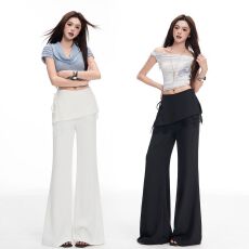 批发白色假两件蕾丝拼接屁帘微喇<b class='q'>西装</b>裤女夏季新款垂感瑜伽休闲裤