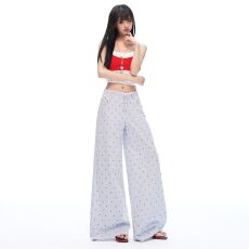 批发夏季海边蓝色<b class='q'>蕾丝</b>拼接慵懒阔腿休闲裤女宽松显瘦<b class='q'>刺绣</b>碎花长裤