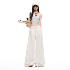 批发美式白色阔腿牛仔裤女2026新款<b class='q'>高腰</b>显瘦宽松高级垂感拖地休闲裤子