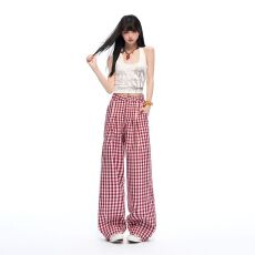 批发红色格子阔腿休闲裤女2026春夏新款撞色<b class='q'>高腰</b>设计感宽松显瘦直筒裤