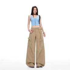 批发美式卡其色多口袋工装牛仔裤女2026春夏季新款<b class='q'>高腰</b>宽松显瘦阔腿裤