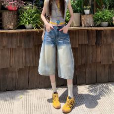 批发渐变色牛仔七分裤女夏季个性裤脚宽松阔腿高街小个子直筒中裤女