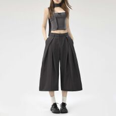批发黑色美式潮感<b class='q'>西装</b>七分裤女2026夏季新款宽松阔腿休闲中裤子