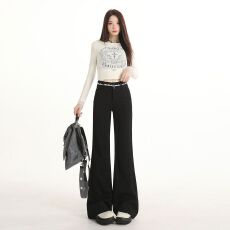 批发韩式黑色<b class='q'>高腰</b>喇叭西装裤女2026年春秋季蕾丝花边感垂感宽松休闲裤