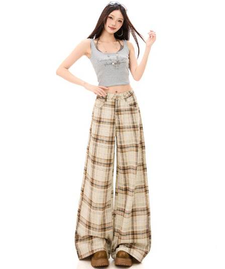 도파민 패션 아메리칸 캐주얼 넓은 다리 바닥 청소 바지 여성 루즈핏 슬림해 보이는 스트라이프 체크무늬 스트레이트 팬츠