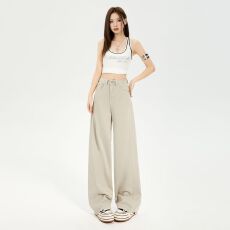 批发夏季新款显瘦百搭卡其色拼接中腰窄版阔腿休闲直筒<b class='q'>裤</b>女