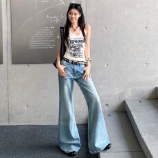 批发美式复古｜洗水做旧｜低腰宽松阔腿牛仔裤女