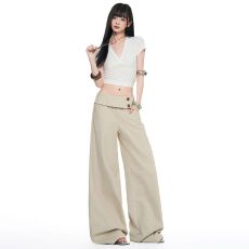 批发美式复古｜双扣腰头遮胯｜休闲宽松阔腿牛仔裤女