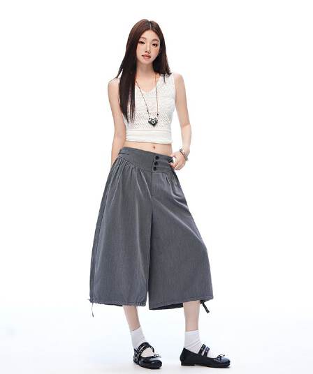 도루 센스 주름 루즈핏 넓은 다리 꽃밭 바지 펌프 로프 조거 바지 여름 새로운 7부 바지