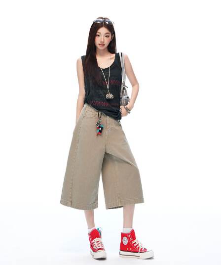 아메리칸 거리 단색 높음 거리 센스 넓은 다리 7부 바지 여성 루즈핏 슬림해 보이는 모통이 칼 워크웨어 팬츠