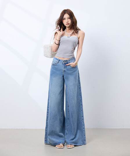 아메리칸 레트로 단 닝 부드러운 원단 도루 센스 느긋한 센스 대 넓은 다리 청바지 여성 바닥 청소 바지