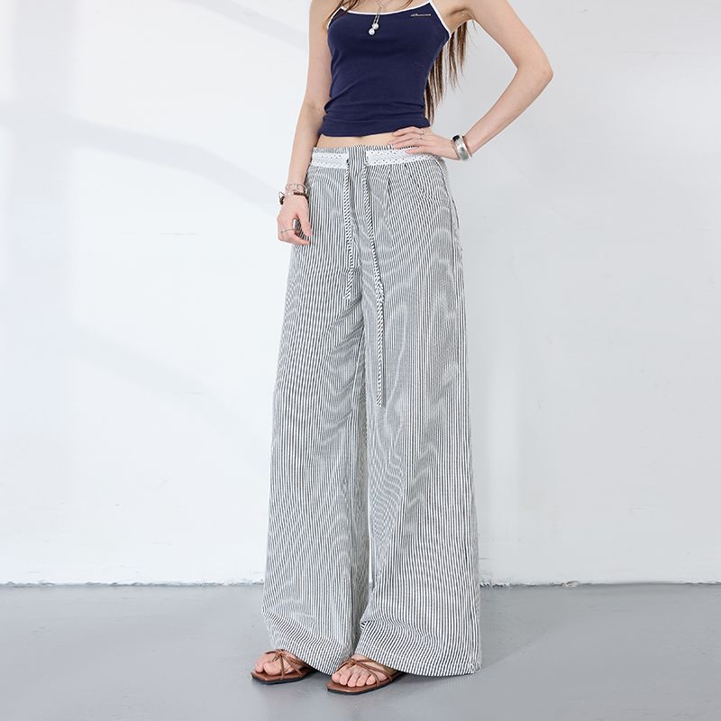 条纹阔腿裤花边拼接宽松休闲裤春夏季   服裝批發女裝批發服飾貨源