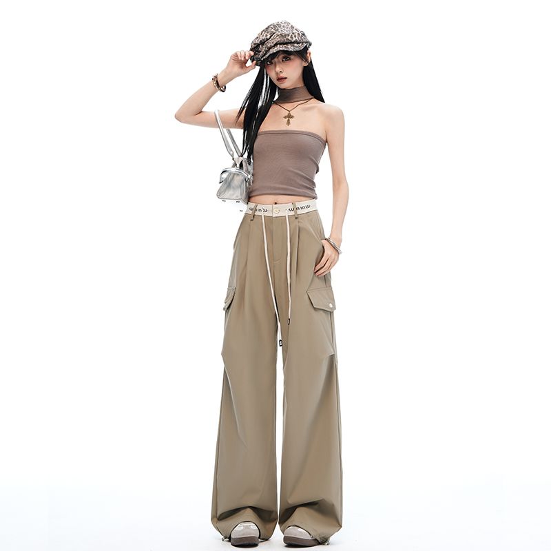 新品夏季运动束脚裤工装裤女抽绳宽松显瘦休闲直筒阔腿裤女   服裝批發女裝批發服飾貨源