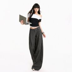 批发休闲裤女宽松阔腿美式条纹<b class='q'>西装</b>裤