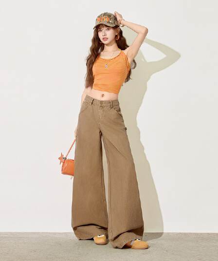 카키 색 아메리칸 레트로 워크웨어 청바지 여성 여름 디자인 센스 루즈핏 스트레이트 도루 센스 넓은 다리 바닥 청소 바지