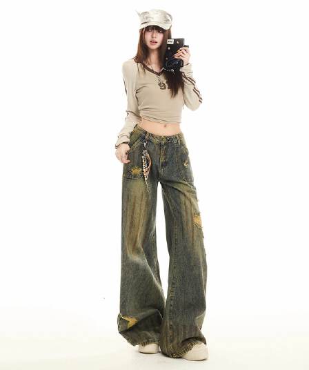 아메리칸 핫걸 높음 거리 레트로 찢어진 부분 없음 폭탄 넓은 다리 루즈핏 청바지