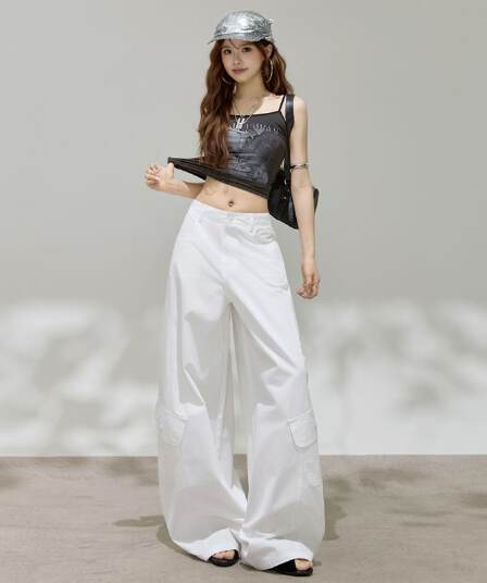 디자인 센스 아메리칸 레트로 핫걸 모통이 칼 바지 다용도 슬림해 보이는 기타 주머니 넓은 다리 워크웨어 캐주얼 바지