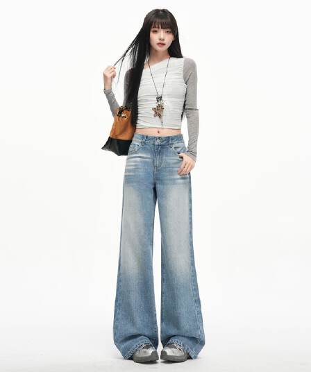 아메리칸 무거운 작업 압력 주름 고양이 반드시 청바지 여성 아니요 막대기 다리 루즈핏 부츠컷 넓은 편안함 핫걸 패션 나팔 긴 바지