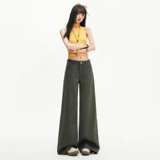 批发高街美式军绿色松弛感设计直筒牛仔<b class='q'>裤</b>女2026小众新款显瘦<b class='q'>阔腿裤</b>女