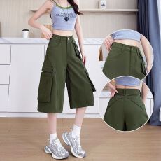 批发工装风六分阔腿牛仔<b class='q'>裤</b>女2026夏季新款高腰显瘦多口袋直筒中<b class='q'>裤</b>子潮