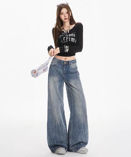 아메리칸 레트로 청바지 여성 새로운 홀치기 염색 워싱 핫걸 바닥 청소 넓은 다리 루즈핏 스트레이트 팬츠