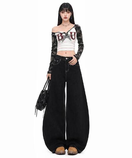 라이 경기 서울 명중 세단 닝 원본 암소 국방 퇴색하다 청바지 여성 가을 모통이 칼 어두운 색 루즈핏 느슨함 센스