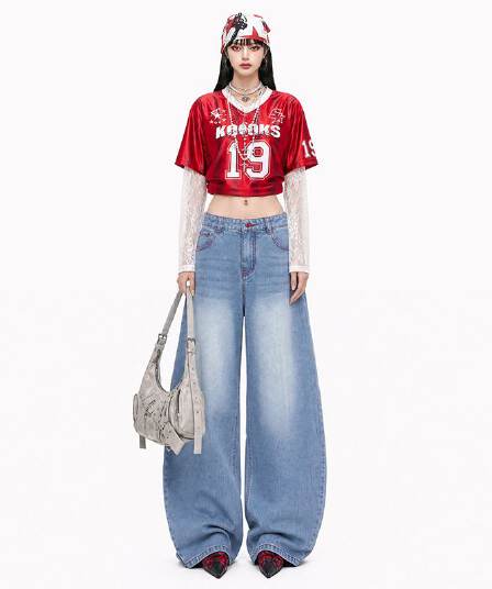 아메리칸 90s 레트로 하늘색 명중 명시적 스티치 자수 가방 얼굴 수리 다리 슬림해 보이는 모통이 칼 넓은 다리 청바지