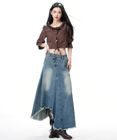 아메리칸 레트로 불규칙 디자인 센스 데님 반신 스커트 여성 새로운 마 오래된 한 마디 롱 스커트