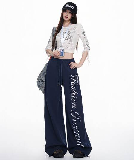 아메리칸 알파벳 캐주얼 스트레이트 팬츠 여성 펌프 로프 바지 와이드 레그 팬츠 루즈핏 슬림해 보이는 긴 바지 s-xl