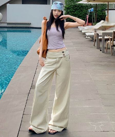 아메리칸 레트로 더블 버클 허리 머리 표지 넓적 다리 캐주얼 루즈핏 넓은 다리 청바지 여성