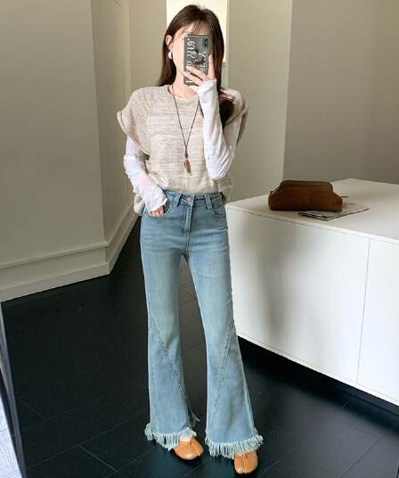 레트로 블루 술 거친 가장자리 나팔 청바지 여성 패치워크