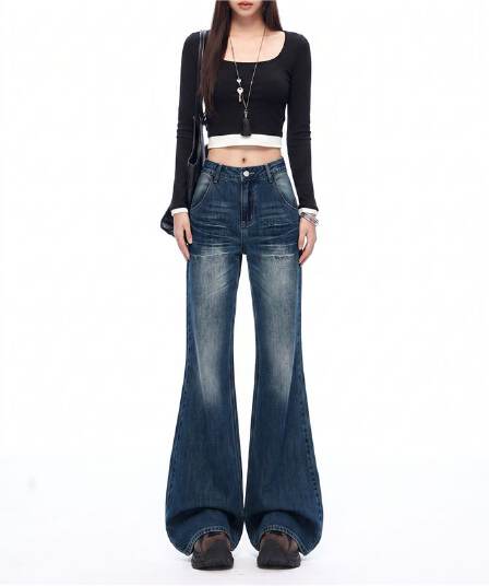 무거운 작업 루즈핏 아니요 막대기 다리 나팔 바지 홀치기 염색 몸매 가꾸기 개성 손 솔기 레트로 부츠컷 청바지 여성
