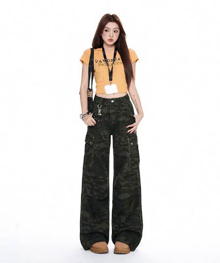 아메리칸 핫걸 넓은 다리 카모플라주 바지 청바지 이른 가을 새로운 하이웨이스트 루즈핏 슬림해 보이는 워크웨어 팬츠 여성
