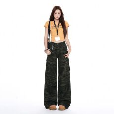 美式辣妹阔腿迷彩裤牛仔裤早秋新款高腰宽松显瘦工装裤女