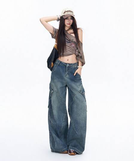 캐주얼 워크웨어 데님 와이드 레깅스 바지 이른 가을 아메리칸 높음 거리 레트로 루즈핏 슬림해 보이는 바닥 청소 바지
