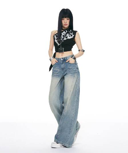 패치워크 디자인 높음 거리 아메리칸 연삭 화이트 넓은 다리 바닥 청소 여성 작은 키 루즈핏 슬림해 보이는 스트레이트 청바지