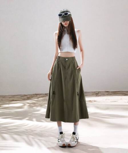 아메리칸 워크웨어 바람 펌프 로프 디자인 센스 반신 스커트 새로운 얇고 가벼운 속도 건조한 캐주얼 중간 길이 우산 치마