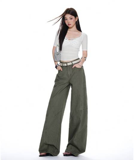 군용 녹색 워크웨어 팬츠 순수한 면 바지 여성 스트레이트 루즈핏 해체 디자인 캐주얼 와이드 레그 팬츠