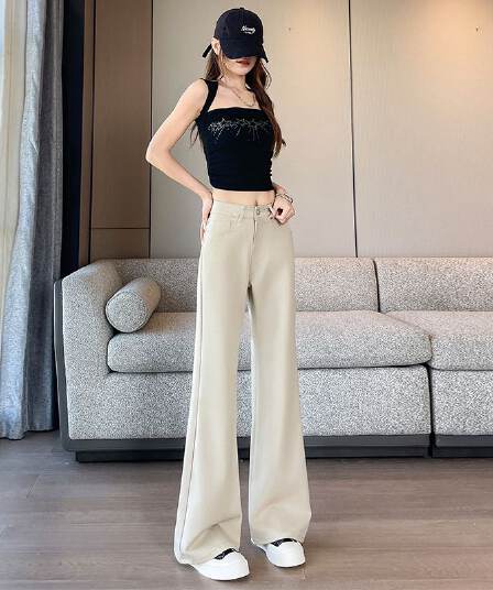 카키 색 대나무 마디 모방 주간 실크 떨리는 소리 바지 루즈핏 아니요 막대기 다리 부츠컷 바지 xs-xxl