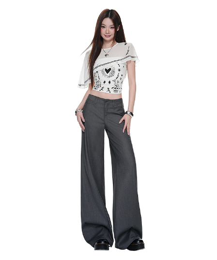 여름 새로운 자수 없음 허리 머리 디자인 차가운 센스 고급 회색 로우 웨이스트 도루 센스 스트레이트 캐주얼 바지 여성