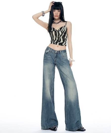 아메리칸 로우 웨이스트 마이크로 나팔 청바지 여성 2026 년 봄 여름 새로운 핫걸 레트로 워싱 홀치기 염색 슬림해 보이는 바지