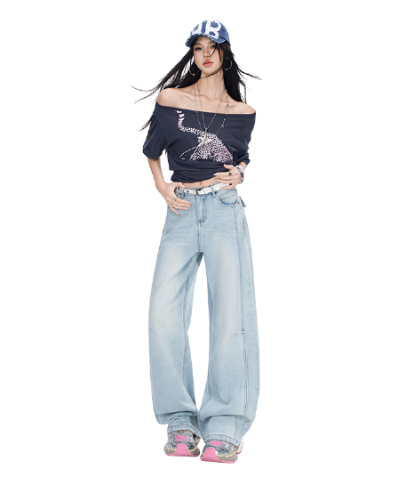 봄 가을 신축성 와이드 레그 팬츠 키가 큰 슬림해 보이는 디스플레이 다리 길이 패치워크 루즈핏 표지 고기 다용도 캐주얼 데님 바지