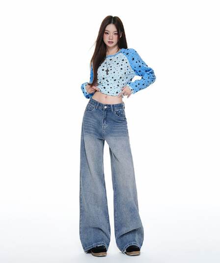 별 프린트 파리 버클 넓은 다리 청바지 남녀 트렌드 캐주얼 아메리칸 워싱 루즈핏 도루 센스 슬림해 보이는 긴 바지