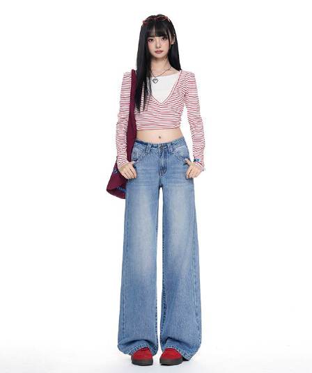 터키 데님 아메리칸 대 단추 로우 웨이스트 얼음 파란색 넓은 다리 루즈핏 스트레이트 청바지