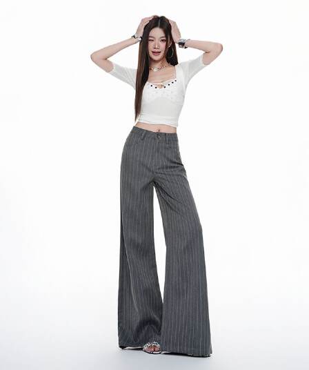 2026 레트로 스트라이프 작은 대중 디자인 센스 루즈핏 와이드 레그 팬츠 느슨함 도루 센스 오래된 돈 바람 스트레이트 슬림해 보이는 정장 바지